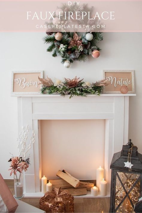 Come fare un finto caminetto - Caseperlatesta Fireplace Decorations Christmas, Fireplace Decoration Ideas, Fireplace Mantels Decor, Spring Fireplace, Spring Fireplace Decor, Fireplace Decor Christmas, Elf Is Back Ideas, Diy Faux Fireplace, Simple Thanksgiving Table Decor