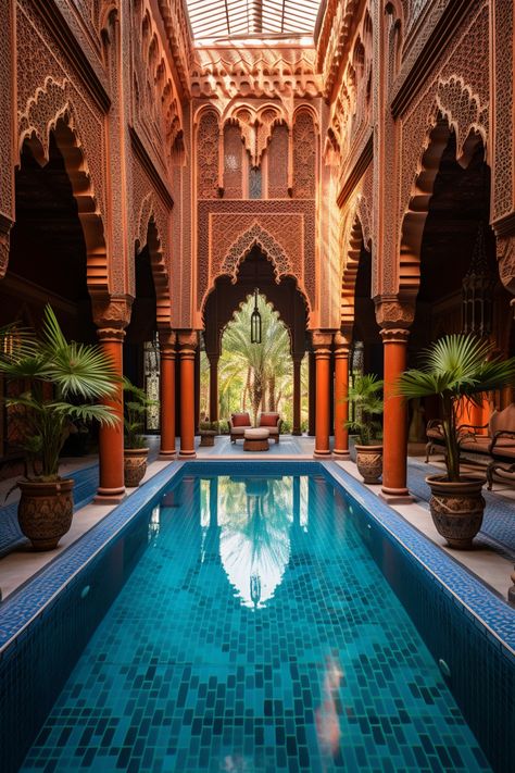 Moroccan Swimming Pool, Moroccan Pool, Morocco House, Mediterranean Room, Moroccan Courtyard, Moroccan House, Spa Landscaping, Luxury Mediterranean Homes, Arabian Decor