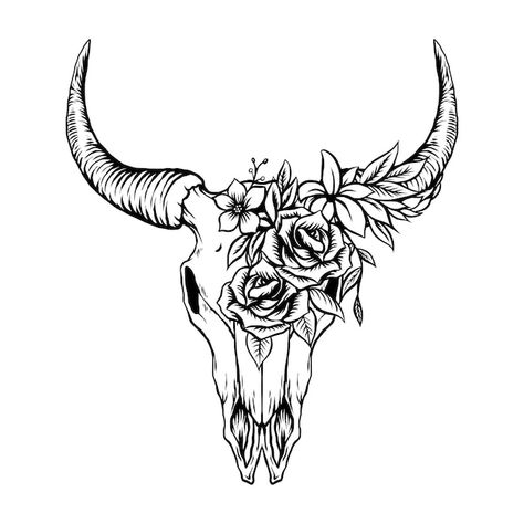 Bull Horns Tattoo Women, Boho Bull Skull Tattoo, Bull Skull Tattoo With Flowers Small, Bullhead Tattoo With Flowers, Steer Head Tattoo Women, Bull Skull Chest Tattoo Female, Feminine Cow Skull Tattoo, Cow Skull Knee Tattoo, Steer Head Tattoo With Flowers