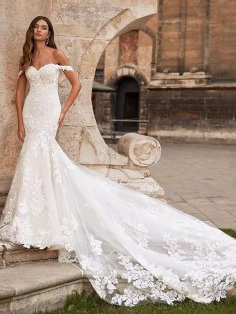 Sexy Off Shoulder Mermaid Wedding Dresses for Bride 2024 Lace Applique Trumpet Bridal Dresses with Sleeve White Wedding Gowns for Women Us4 at Amazon Women’s Clothing store Moonlight Couture, Moonlight Wedding Dress, Wedding Dress With Train, Moonlight Bridal, Floral Wedding Gown, Making A Wedding Dress, Dress With Train, Dress Train, Cathedral Train