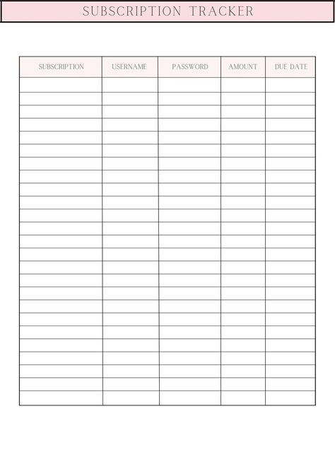 Printable Subscription Tracker Subscription Tracker Printable Free, Nacogdoches Texas, Subscription Tracker, Internet Slang, Expense Tracker Printable, Bills Budget, Budget Money, Manage Time, Household Binder