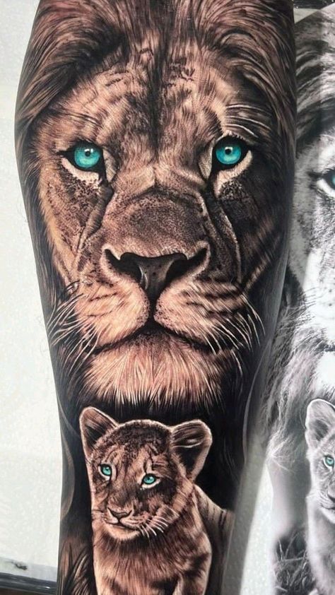 Lion With Cubs Tattoos For Men, Female Animal Tattoos, Father Daughter Lion Tattoos, Mens Lion Tattoo Forearm, Scarred Lion Tattoo, Lion And Cubs Tattoo Father, Lion And Baby Tattoo, Re Leone Tattoo, Lion Cub Tattoo Design