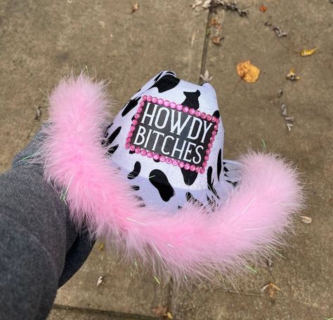 #cowboyhat Bachelorette Party Cowgirl Hats, Pink Western 21st Birthday Party, Pink Cow Print Birthday Party Ideas, Customized Cowgirl Hats, Cowgirl 21 Birthday Party, Decorated Cowboy Hats, Pink Adult Birthday Party, Cow Print Cowgirl Hat, Cowgirl Party Outfit