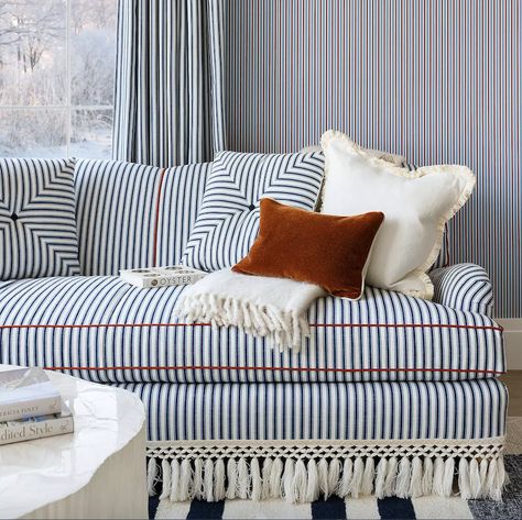 Striped Sofa Living Rooms, Cushion Shapes, Striped Sofa, Fabric Dye, Furniture Market, Sofa Upholstery, Blue Rooms, Pattern Repeat, Acrylic Fabric