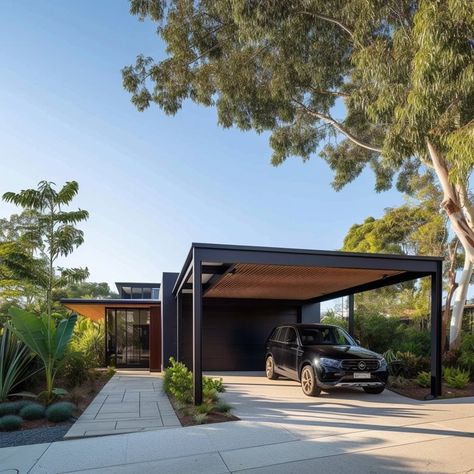 Luxury Carport Design, Carport Addition To House Side, Skillion Carport, Carport Addition, Aluminum Carport, Modern Carport, Solar Panels Design, Zen Interiors, Solar Panels Roof