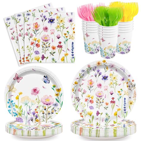 PRICES MAY VARY. 【Wild Floral Design】This watercolor wildflower party supplies has the design of coloful flowers and cute butterfly, full of summer elements and wild atmosphere, make your birthday party eye-catching, more interesting and attractive 【Colorful Flower Party Supplies】The wildflower birthday party supplies include 24pcs 9'' wildflower dinner plates, 24pcs 7'' floral dessert plates, 24pcs floral napkins, 24pcs floral paper cups, and 24pcs Forks winth three colors. This wildflower tabl Summer Floral Party, A Little Wildflower Baby Shower Theme, Flowers First Birthday Party, One Little Wildflower Birthday, Two Wild Wildflower Birthday, Wild One Wildflower Birthday, Wildflower Birthday Party Decor, Flower Theme Birthday Party Decoration, Wild Flower Birthday Theme