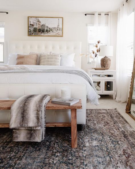 16 Fun Farmhouse Bedroom Decor Ideas | Rugs Direct Bedroom Rug Ideas, Modern Bedroom Rug, Dresser Decor Bedroom, Bedroom Inspirations Master, Farmhouse Bedroom Decor Ideas, Rugs Direct, Simple Bedroom Decor, Modern Farmhouse Bedroom, Blue Bedroom Decor