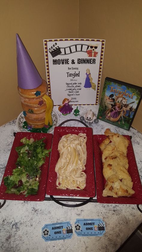 Tangled Party Food Ideas, Tangled Date Night, Family Movie Dinner Ideas, Tangled Inspired Food, Kids Movie Themed Dinner, Rapunzel Movie Night, Tangled Menu Ideas, Movie Night Theme Ideas, Movie Night Dinner Ideas Kids