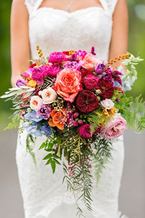 Jewel Toned Masterpiece: http://www.stylemepretty.com/2015/06/30/6-vibrant-wedding-bouquets-that-will-wow-you/ Garden Rose Bridal Bouquet, Bohemian Wedding Colors, Colorful Bridal Bouquet, Summer Wedding Bouquets, Bird Wedding, Flowers And Greenery, Boda Mexicana, A Bouquet Of Flowers, Wedding Flowers Summer