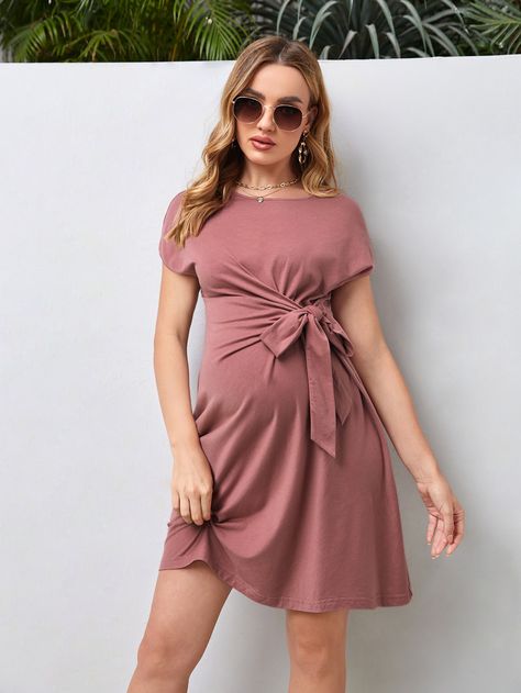 Dusty Pink Casual Collar Short Sleeve Fabric Plain Tee Embellished Slight Stretch Spring/Summer Maternity Pregnant Dresses Casual, Shein Outfits Dresses, Pregnancy Dresses Casual, Short Maternity Dress, Spring Maternity Dress In Pink, Nursing Friendly, Maternity Dresses Casual, Maternity Tee Shirts, Summer Maternity Dresses, Bump Friendly, Maternity Dresses Casual Pinkblush Maternity