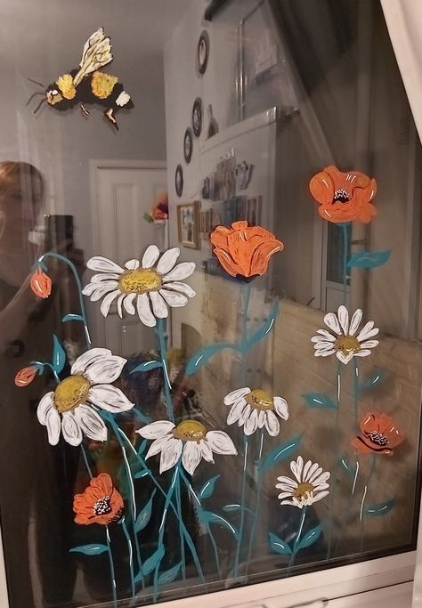 Glass Painting In Window, Flowers Window Painting, Flowers Painted On Glass Window, Art Window Painting, April Window Art, Birthday Window Painting, Spring Window Chalk Art, Glass Window Painting Ideas, Mothers Day Window Painting