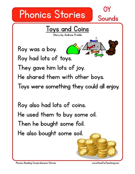 This Reading Comprehension Worksheet - Toys and Coins is for teaching reading comprehension. Use this reading comprehension story to teach reading comprehension. Phonics Stories, Children Worksheets, Alphabet Stories, Reading Tutor, Ingles Kids, Phonics Reading Passages, Fancy Kitchen, First Grade Reading Comprehension, Phonics Activity