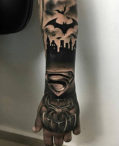 Twitter Marvel Tattoo Sleeve, Superman Tattoos, Tattoo Bar, Herren Hand Tattoos, Small Watercolor Tattoo, Hero Tattoo, Tattoo Band, Fake Tattoo Sleeves, Comic Tattoo