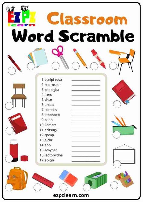 Scramble Words Worksheet, English Games Teaching, Classroom Objects Worksheet, Grade School Activities, Fun With English, Word Scramble For Kids, English Games For Kids, Game Worksheet, Word Puzzles For Kids