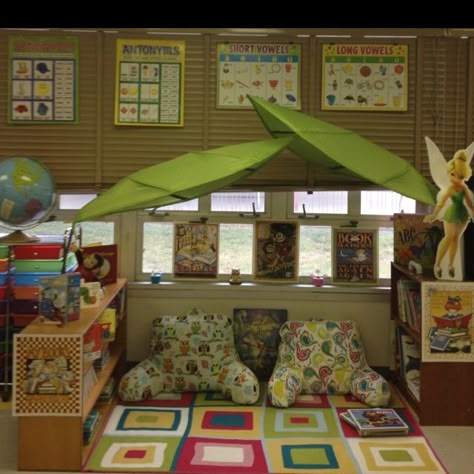 Created this reading area in my classroom with LOVA canopy from IKEA (eBay). Rug and "chairs" from Ross and Tinkerbell cutout from Half Price Books. Ikea Leaf Canopy Classroom, Ikea Leaf Canopy, Playroom Nook, Ikea Classroom, Reading Nook Classroom, Kindergarten Decor, Library Nook, Leaf Canopy, Peaceful Reading