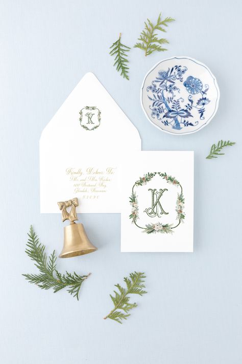 Winter wedding crest with vintage monogram, white florals, pine and greenery for a pretty winter wedding Navy And White Wedding, Wedding Crest Monogram, Crest Monogram, Crest Design, Watercolor Monogram, Wedding Crest, White Hydrangeas, 2 Letter, Letter Monogram