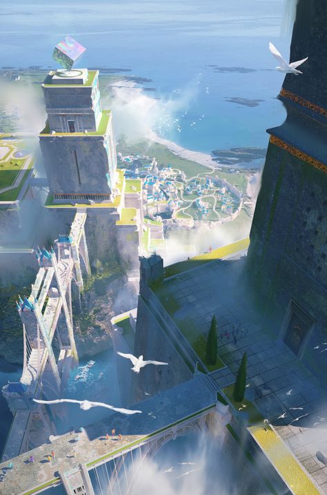 ArtStation - The Ivory Harbor, Arson Liu Bangunan Minecraft, Bg Design, Fantasy Background, Location Inspiration, Landscape Concept, Fantasy City, Fantasy Castle, Fantasy Setting, Fantasy Places