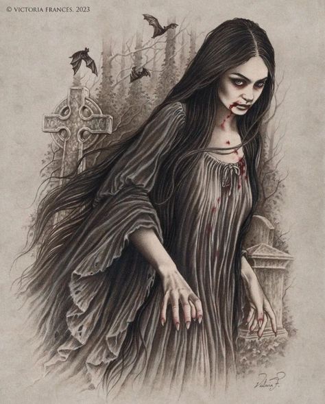 Artwork by Victoria frances Rhiannon Core, Vampire Female, Enys Guerrero, Gothic Stories, Vampire Bride, Velvet Sky, Mythical Monsters, Vampire Romances, Castle Combe