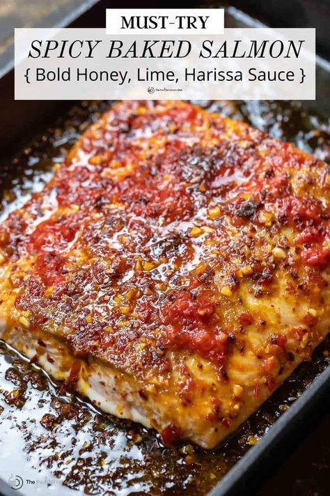 Spicy Baked Salmon Recipe with Lime and Harissa Harissa Fish Recipe, Harissa Salmon Recipe, Salmon Recipes Spicy, Easy Fish Dinner Recipes, Easy Fish Dinner, Spicy Salmon Recipes, Harissa Salmon, Biblical Diet, Easy Fish Dinners