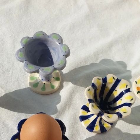 Wonky Picnic on Instagram: "So incredibly excited to announce that my third collab with @amuse.la.bouche goes live this week!   A series of plates with matching egg cups 🥚  I'll be showing more of the designs available in the next couple days, swipe to see some behind the scenes pics from the long process🥚🥚🥚 . . . . . . . #wonkypicnic #ceramic #ceramics #ihavethisthingwithceramics" Egg Cup Pottery Painting, Air Dry Clay Egg Cups, Pottery Egg Cups, Pottery Egg Cup, Ceramic Egg Cups Handmade, Ceramic Egg Cups, Egg Cups, Egg Cup, Ceramics