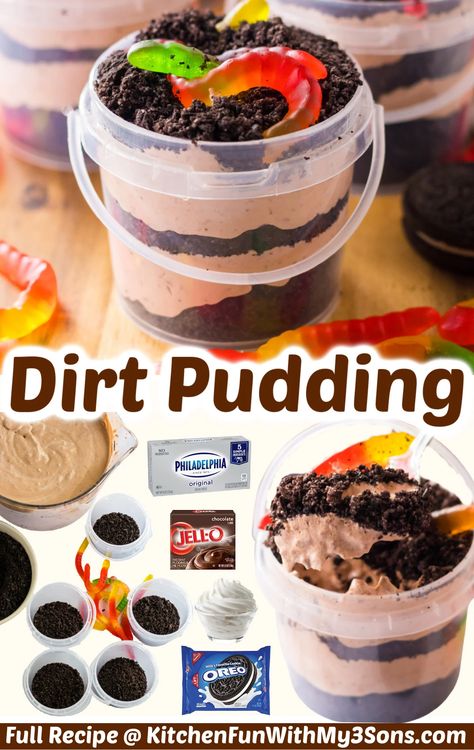 Have you ever eaten the classic dirt dessert with Oreos and gummy worms? This Dirt Pudding Recipe is based on the nostalgic treat we loved as kids. Now you get to make it for your kids to enjoy, too! Worms In Mud Dessert, Dirt Pudding Recipe With Cream Cheese, Brownie Dirt Cups, Gummy Worm Dirt Pudding, Dirt Pie Cups, Dirt Pudding With Cream Cheese, Chocolate Mousse Dirt Cup, Oreo Jello Dessert, Dirt Cake Cheesecake