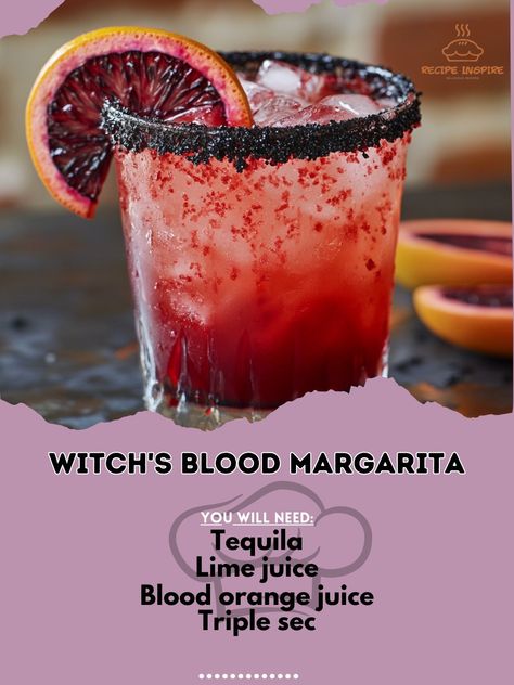 🧙‍♀️🔮 Dare to try the Witch's Blood Margarita – a bewitching cocktail that’s perfect for your Halloween festivities! 🎃🍹 #WitchsBloodMargarita #HalloweenCocktails Witch's Blood Margarita Ingredients: Tequila (1.5 oz) Lime juice (1 oz) Blood orange juice (1 oz) Triple sec (0.5 oz) Ice (as needed) Black salt (for rimming glass) Instructions: Rim glass with black salt. Shake tequila, lime juice, blood orange juice, and triple sec with ice. Strain into the prepared glass. Sip the Witch's Blood... Halloween Spicy Margarita, Margarita Recipes Halloween, Halloween Drinks Alcohol Tequila, Halloween Margaritas For A Crowd, Red Halloween Cocktails, Halloween Tequila Cocktails, Tequila Halloween Drinks, Spooky Margaritas, Halloween Margaritas