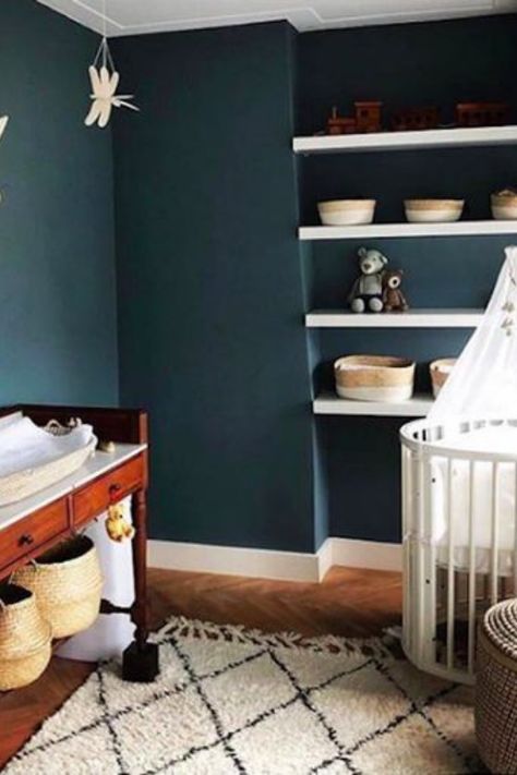 Blue Walls Nursery, Nursery Ideas Wallpaper, Bold Nursery Colors, Teal Nursery Girl, Dark Blue Nursery, Moody Nursery, Blue Green Nursery, Bold Nursery, Dark Nursery