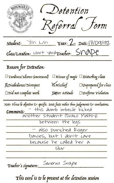 Hogwarts Detention Slips, Detention Slip, Hp Shifting, Harry Potter Classes, Hogwarts Games, Hogwarts Dr, Harry Potter Potions, Severus Rogue, Harry Potter Birthday Party