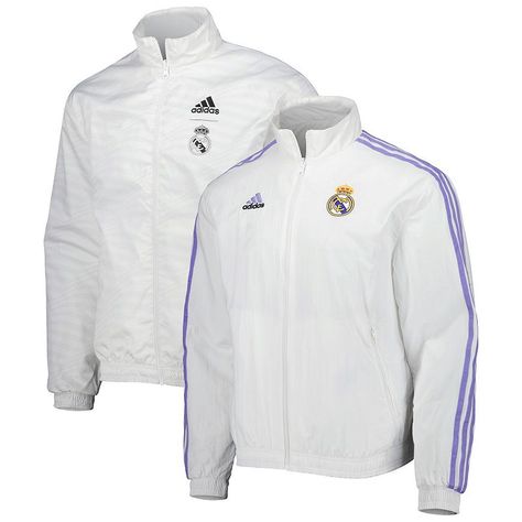 Go above and beyond to put an emphasis on your Real Madrid fandom by sporting this Anthem full-zip jacket from adidas. The team's iconic logo on the chest is brought to life by the striking design, making it the perfect option for representing your cherished squad. Thanks to the two front zippered pockets, you'll have more than enough room to safely store your keys, tickets and other Real Madrid match day essentials.Go above and beyond to put an emphasis on your Real Madrid fandom by sporting th Real Madrid Merchandise, Real Madrid Jacket, Real Madrid Team, Adidas Design, Match Day, Travel Pants, Training Tops, Adidas White, Long Sleeve Jersey