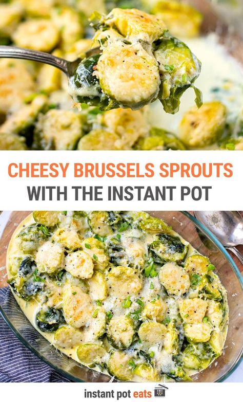 CHEESY BRUSSELS SPROUTS (INSTANT POT + OVEN) Instant Pot Side Recipes, Bake In Instant Pot, Instapot Brussels Sprouts, Insta Pot Brussel Sprout Recipes, Easy Instant Pot Side Dishes, Brussels Sprouts Instant Pot, Livy Method Recipes, Instant Pot Sides, Instant Pot Brussel Sprouts