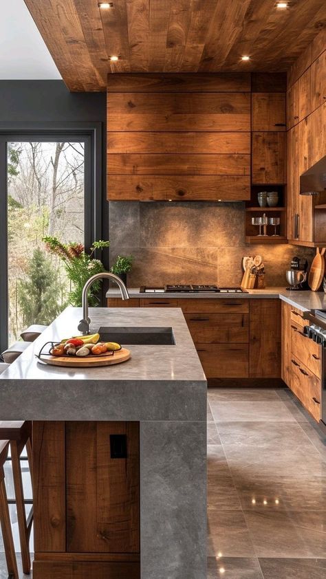 Futurisme Retro, Rustic Modern Kitchen, Modern Kitchen Island, Tiny Apartments, Sleek Kitchen, Kitchen Concepts, Dark Kitchen Cabinets, Island Kitchen, Kitchen Island Design