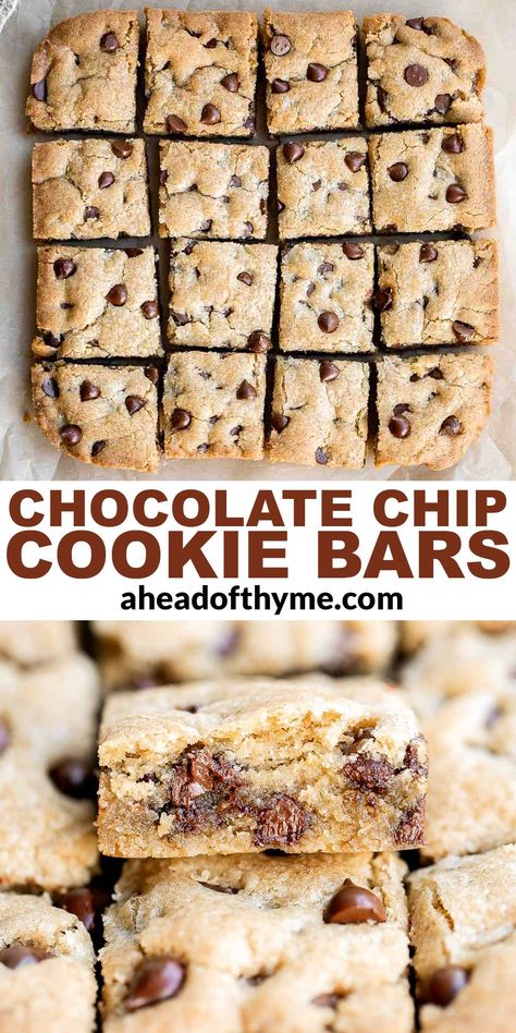 Chewy chocolate chip cookie bars are a quick, easy, and lazy version of classic Chocolate Chip Cookies that take half the prep time (no scooping cookie dough here!). They are soft and chewy with perfect crisp edges and a gooey center, and are loaded with chocolate chips. This one bowl cookie bar recipe comes together in just 10 minutes with classic baking ingredients. It's easy to make ahead and freezer-friendly too! | aheadofthyme.com #cookiebars #chocolatechipcookiebars #choc via @aheadofthyme One Bowl Cookie Bars, Choc Chip Cookie Bars, Chewy Chocolate Chip Cookie Bars, Nutella Bar, Classic Chocolate Chip Cookies, Bakery Food, Frozen Cookie Dough, Easy Chocolate Chip Cookies, Frozen Cookies