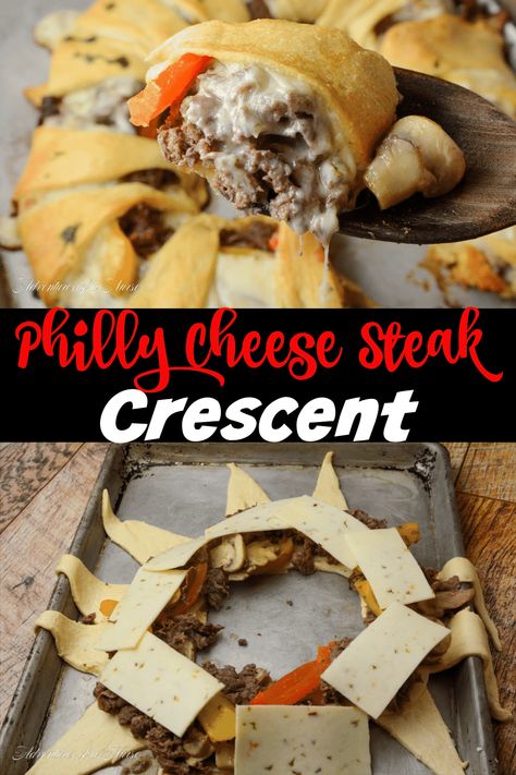 Steak And Cheese Crescent Ring, Philly Cheese Steak Crescent Ring, Philly Cheese Steak Ring, Philly Christmas, Crescent Roll Ring Recipes, Crescent Roll Ring, Roast Beef Lunch, Cheeseburger Recipes, Best Philly Cheesesteak