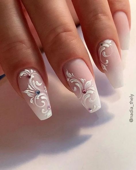 Grandma Nails, Embossed Nails, Nails Lace, Bridal Nails Designs, Nails For Bride, Bridal Nail Art, Wedding Nails Glitter, Art Deco Nails, Fancy Nails Designs