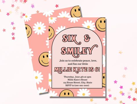 Retro Six Birthday Invitation, Six and Smiley Birthday, Smiley Face, Daisy Birthday Invite Template, Editable Invitation, Digital Download financeelement #canvakeyword #miricanvaskeyword #elementdesign Smiley Face Birthday Party Invitation, Smiley Face And Daisy Birthday, 6th Birthday Girl Themes Ideas, Smiley Birthday Theme Party Ideas, Smiley Invitation, Sixth Birthday Girl Party Ideas, Girls 6th Birthday Party Themes, 6 Birthday Theme, Sixth Birthday Theme