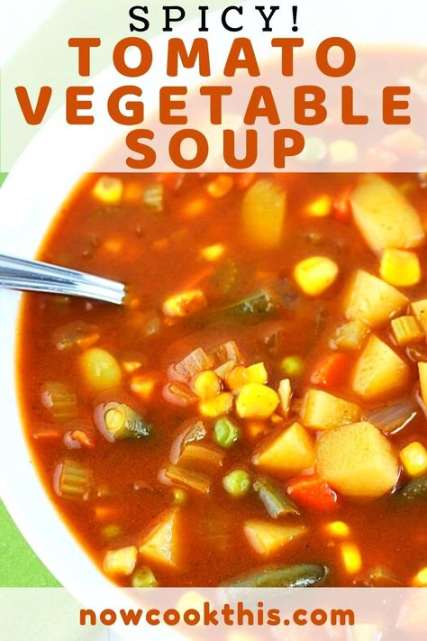 This Spicy Tomato Vegetable Soup is quick and easy to make and has tons of healthy mixed vegetables in a super flavorful beefy, tomato-y broth with a spicy kick. It's such a delicious way to eat your veggies! Get the recipe and give it a try! #spicytomatovegetablesoup #tomatovegetablesoup #vegetablesoup #soup Chili Vegetable Soup, Spicy V8 Vegetable Soup, Vegetable Soup With Tomato Sauce, Tomato Based Vegetable Soup Recipes, Spicy Vegetable Soup Recipes, Vegetable Soup Tomato Base, V 8 Vegetable Soup, Tomato Based Vegetable Soup, Tomato Veggie Soup