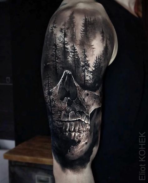 Sublime piece done on guy's shoulder and upper arm, with a realism skull and a dark, scary looking forest above. Black Wolf Tattoo, Skull Sleeve, Skull Sleeve Tattoos, Marvel Tattoos, Cool Arm Tattoos, Scary Tattoos, Forest Tattoos, Landscape Tattoo, Upper Arm Tattoos