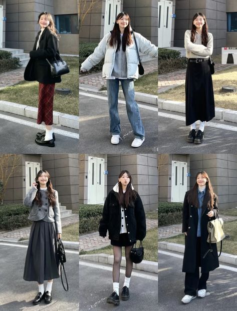 Korean October Outfit, Korean Campus Outfit, Fall Korean Outfits Seoul, Korean Fall Outfits Skirt, Korean Autumn Outfit, Fall Campus T-shirt In College Style, Winter Inspo Outfits, Japan Outfits, Chinese Fashion Street