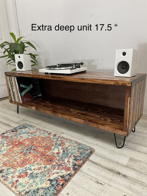 "STEREO CABINET ∙ RECEIVER CONSOLE ∙ AMPLIFIER SHELF The widebody Record holder is deeper at 17.5\" it is designed for deeper media setups. Minimalistic handmade wooden furniture arrives fully assembled. DIMENSIONS: Wood Thickness: 1.5\" -Length (left to right): Select from the drop-down -Depth (front to back): 17.5\" (message us if more depth is needed) -Wooden External Height 16\", Internal height 13\", Hairpin Leg Height 6\" -Height of Unit with Legs: 22\" (Fits vinyl records vertically and h Wooden Record Storage, Stereo Cabinet Ideas, Vinyl Station, Stereo Idea, Vinyl Record Room, Vinyl Record Holder, Record Room, Turntable Stand, Album Storage