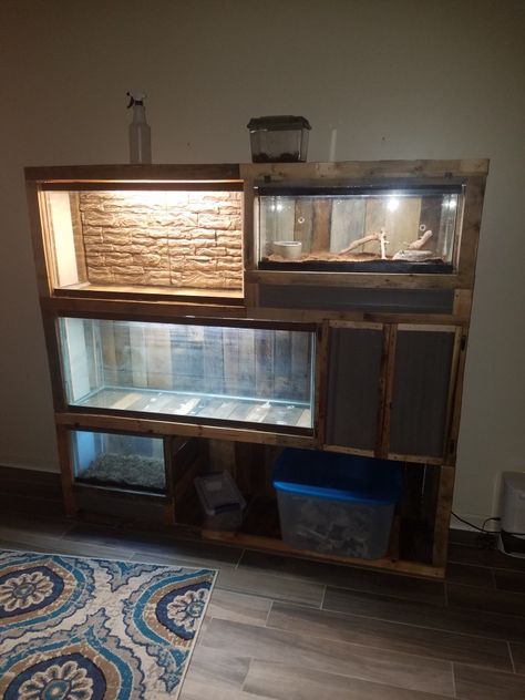 Reclaimed pallet shelf to hold my reptile tanks. Reptile Display Ideas, Reptile Terrarium Ideas Unique, Reptile Tank Stand Diy, Reptile Stand Ideas, Multiple Reptile Tank Setup, Custom Reptile Enclosure, Reptile Tank Stand Ideas, Reptile Room Setup, Reptile Terrarium Ideas