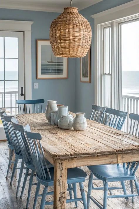 Beach House With Dark Wood Furniture, Dining Table Beach House, Holiday Home Interiors Beach, Coastal Boho Interior Beach Houses, Jewel Tone Beach House, Coastal Beach Cottage, Coastal Home Dining Room, Beach House Interior Decor, Upscale Beach House Decor