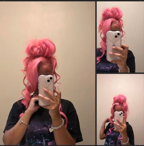 Pink Lace front Wig/ Bun Heart Lace Front Wig, Braid Styles For Lace Front Wigs, Lace Front Bun Black Women, Pink Double Frontal Ponytail, Cute Lace Front Hairstyles With Color, Lace Front Wigs Styles Ponytail, Messy Bun Lace Front Wig, Pink Frontal Ponytail, Baddie Lace Fronts