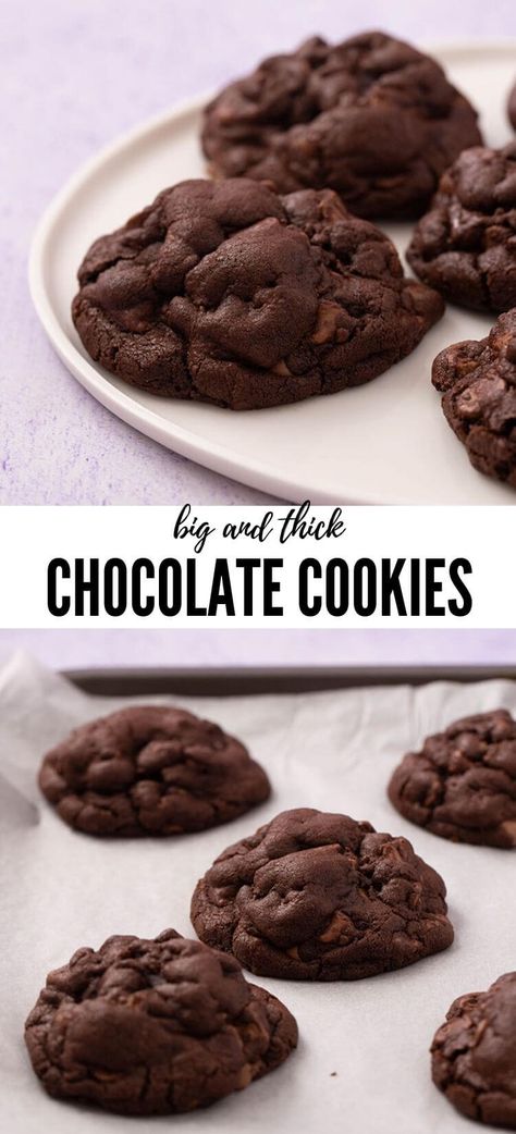 Amazing Chocolate Cookies (Big And Thick) - Sweetest Menu Thick Chocolate Cookies, Brownie Smores, Dessert Baking Recipes, Easy Delicious Dessert, Big Chocolate Chip Cookies, Double Recipe, Bakery Chocolate Chip Cookies, Chewy Chocolate Cookies, Levain Bakery