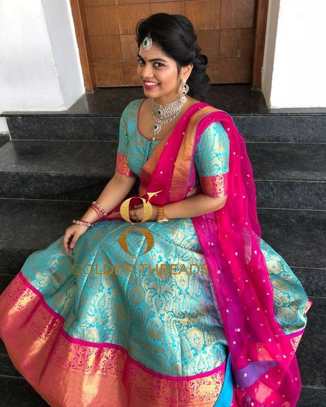 Blue Pattu Lehenga Half Saree, Kavitha Gutta, Pink Half Sarees, Pattu Lehenga, Silk Half Saree, Telugu Culture, Lehenga And Blouse, Half Saree Function, Half Saree Lehenga