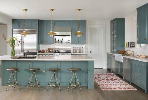 Green Kitchen Cabinets with Brass Hardware and Lights - Transitional - Kitchen - Farrow and Ball Green Smoke Teal Cabinets, Petite Kitchen, Teal Kitchen, Green Kitchen Cabinets, Small City, Cabinet Ideas, Kitchen Upgrades, Blue Kitchen, Kitchen Cabinet Colors