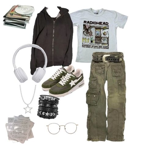 Outfit idea, Radiohead shirt, cargos, glasses, headphones, bape shoes, zipup hoodie Radiohead Inspired Outfits, Radiohead Aesthetic Outfits, Radiohead Outfit, Headphone Outfit, Bape Shoes, Fits Aesthetic, Cottagecore Outfits, Fire Fits, Casual Style Outfits