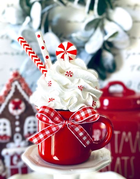 BEST SELLER!! Handmade faux whipped cream peppermint / candy cane topper in espresso mug (mini mug) | fake bake | Rae Dunn | tiered trays | by TNSouthernCraftingCo on Etsy Mug Toppers Christmas, Faux Coffee, Diy Whipped Cream, Faux Cupcakes, Coffee Ornaments, Faux Whipped Cream, Christmas Extravaganza, Morning Christmas, Mug Topper