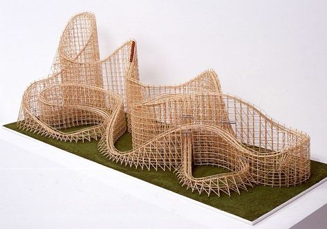 Reclining Figure, 2006  Wooden roller coaster, 70 x 140 x 50 cm  Private collection Toothpick Sculpture, Rolling Ball Sculpture, Reclining Figure, Toy Race Track, Circus Crafts, Coaster Projects, Wooden Roller Coaster, Marble Machine, Architecture Drawing Sketchbooks