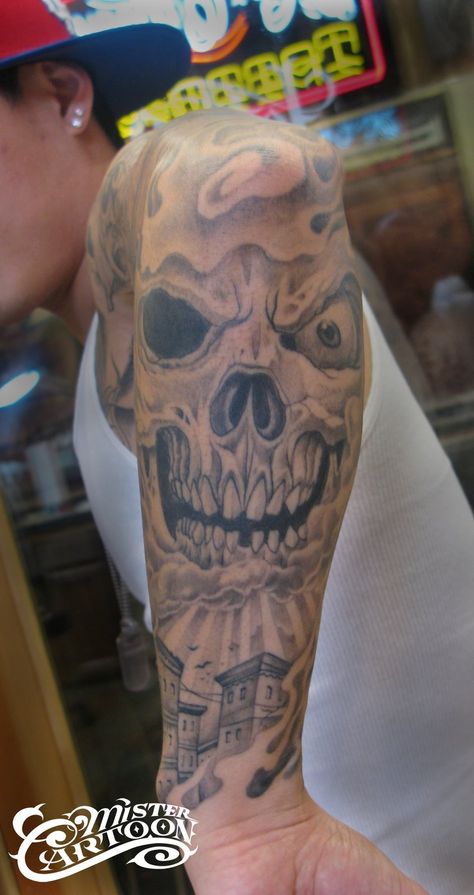 Angry Skull Tattoo, Aztec Art Tattoo, Tattoo Ideas Tumblr, Mr Cartoon Tattoo, Skull Sleeve, Skull Sleeve Tattoos, Color Style, Tattoos Mandala, Upper Arm Tattoos