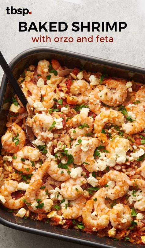 This baked shrimp and pasta dinner is proof that simple doesn’t have to mean boring. Creamy orzo, feta and cooked-to-perfection shrimp are the stars of this Mediterranean-inspired dinner that’s begging to be part of your weeknight lineup. Shrimp And Feta Bake, Shrimp Orzo Recipes Healthy, Healthy Shrimp Casserole Recipes, Shrimp And Feta Recipes, Shrimp Pasta Casserole, Greek Shrimp With Orzo And Feta, Shrimp Feta Orzo, Orzo And Shrimp Recipes, Orzo With Shrimp And Feta